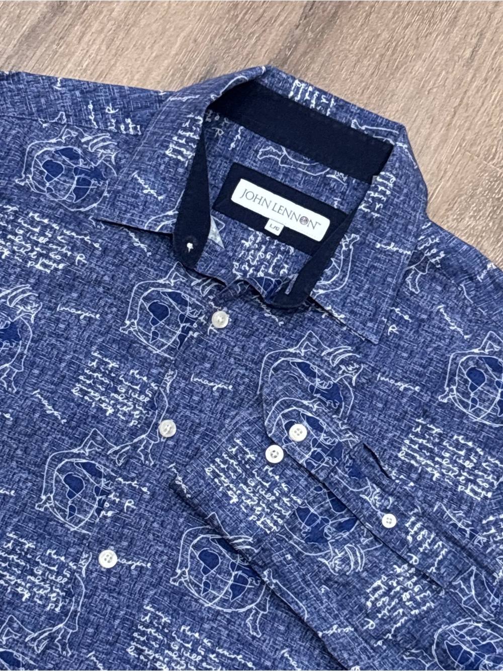 John Lennon Shirt Mens Large Blue Button Up Imagine Music Lyrics Cotton